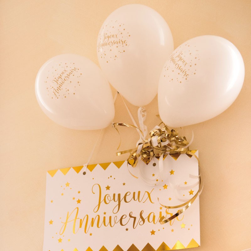 8 Ballons Joyeux Anniversaire blanc et or élégants - Dragées Anahita.