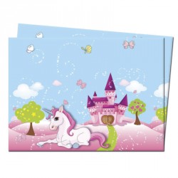 Nappe Licorne 120 x 180 cm en plastique pour une table de goûter d'anniversaire féerique.