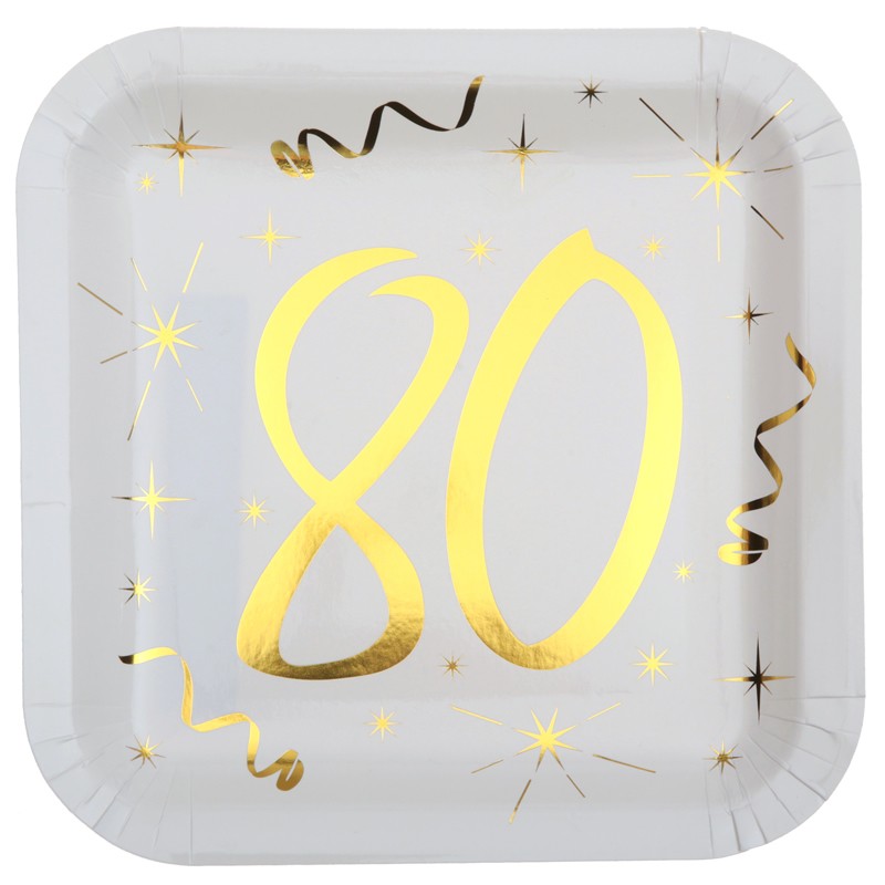 10 Assiettes Anniversaire 80 Ans Blanc Et Or Dragees Anahita