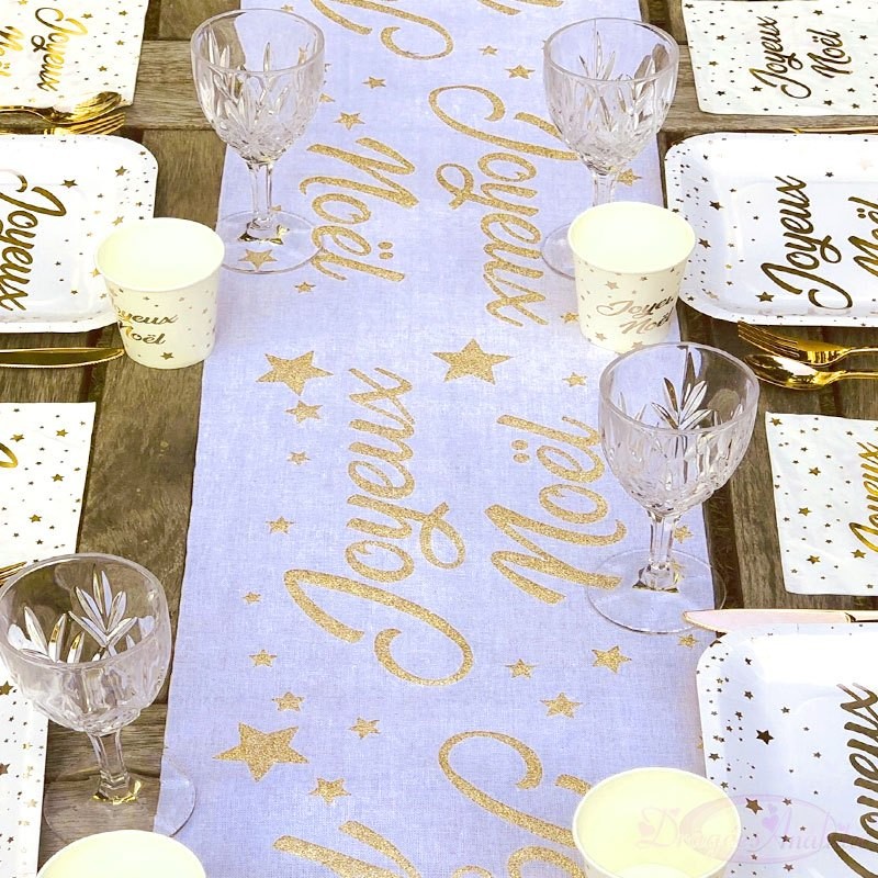 Chemin De Table Joyeux Noel Blanc Et Or Dragees Anahita