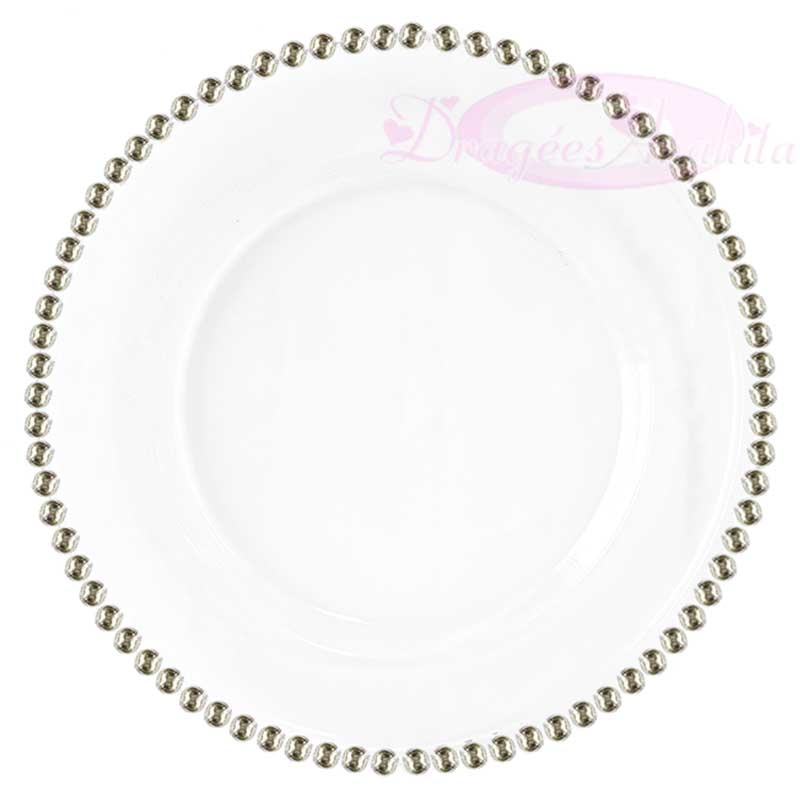 Grande assiette blanche en plastique avec perle Argentées - Dragées Anahita